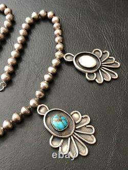 Vtg Navajo Sterling Silver Bisbee Turquoise & Mop Squash Blossom Dangle Necklace