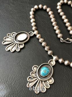 Vtg Navajo Sterling Silver Bisbee Turquoise & Mop Squash Blossom Dangle Necklace