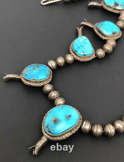 Vtg Navajo Sterling Silver Blue Gem Bisbee Turquoise Squash Blossom Necklace 22