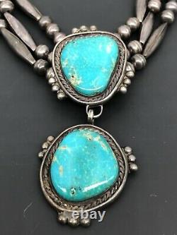 Vtg Navajo Sterling Silver Blue Gem Turquoise 3 Strand Dangle Collar Necklace