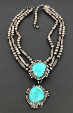 Vtg Navajo Sterling Silver Blue Gem Turquoise 3 Strand Dangle Collar Necklace
