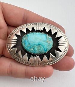 Vtg Navajo Sterling Silver Carico Lake Turquoise Oval Women's Belt Buckle 2 3/8