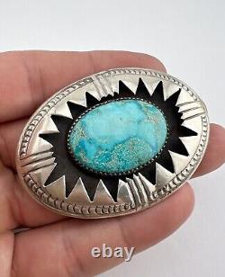 Vtg Navajo Sterling Silver Carico Lake Turquoise Oval Women's Belt Buckle 2 3/8