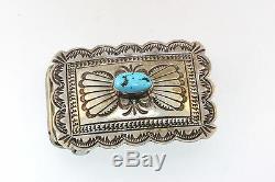 Vtg Navajo Sterling Silver Concho Belt Buckle Turquoise Stamped Signed Blkgt