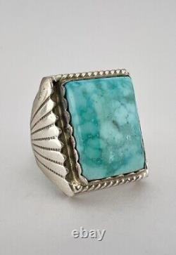 Vtg Navajo Sterling Silver Gem Grade Webbed Kingman Turquoise Stamped Ring 19.2g