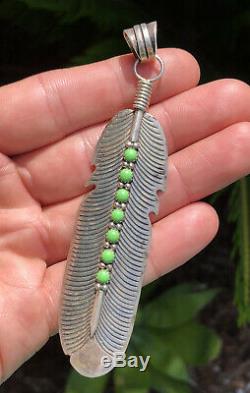 Vtg Navajo Sterling Silver Green Turquoise Leaf Feather Pendant 4 1/8