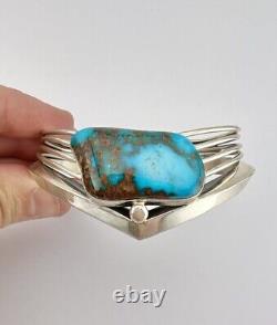 Vtg Navajo Sterling Silver Pilot Mountain Turquoise Wide V Cuff Bracelet 45.8g