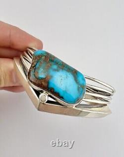 Vtg Navajo Sterling Silver Pilot Mountain Turquoise Wide V Cuff Bracelet 45.8g