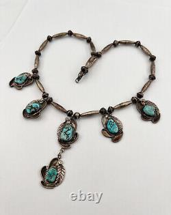 Vtg Navajo Sterling Silver & Sleeping Beauty Turquoise Collar Dangle Necklace