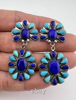 Vtg Navajo Sterling Silver Turquoise & Lapis Cluster Post Dangle Earrings 2 1/8