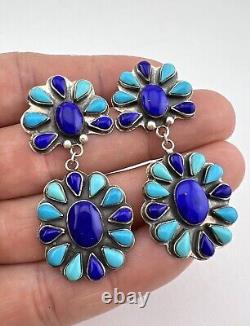 Vtg Navajo Sterling Silver Turquoise & Lapis Cluster Post Dangle Earrings 2 1/8