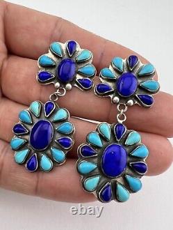 Vtg Navajo Sterling Silver Turquoise & Lapis Cluster Post Dangle Earrings 2 1/8