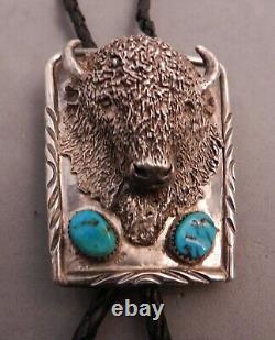 Vtg Navajo Sterling Silver & Turquoise Lifelike Buffalo Head Bolo Tie, Lge, Hvy