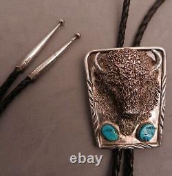 Vtg Navajo Sterling Silver & Turquoise Lifelike Buffalo Head Bolo Tie, Lge, Hvy