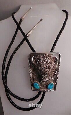 Vtg Navajo Sterling Silver & Turquoise Lifelike Buffalo Head Bolo Tie, Lge, Hvy