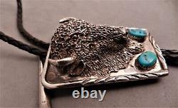 Vtg Navajo Sterling Silver & Turquoise Lifelike Buffalo Head Bolo Tie, Lge, Hvy