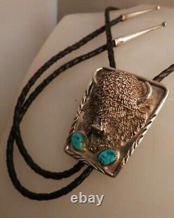 Vtg Navajo Sterling Silver & Turquoise Lifelike Buffalo Head Bolo Tie, Lge, Hvy