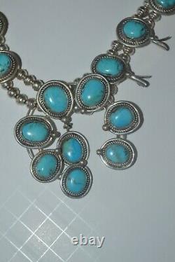 Vtg Navajo Sterling Silver Turquoise Squash Blossom Necklace N1002 146 grams