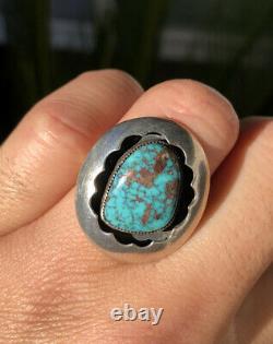 Vtg Old Navajo Native American Blue Gem Turquoise Sterling Silver Shadowbox Ring