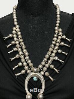 Vtg Old Pawn Navajo 109g Sterling Silver Squash Blossom Turquoise Necklace