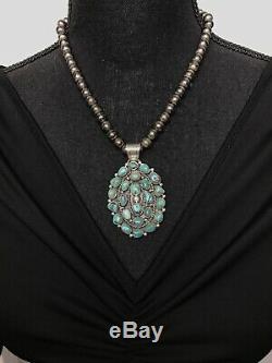 Vtg Old Pawn Navajo Pearl Necklace Sterling Silver Cluster Turquoise Pendant 60g
