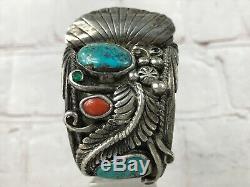 Vtg Old Pawn Navajo Sterling Silver Turquoise Coral Watch Cuff Bracelet Signed