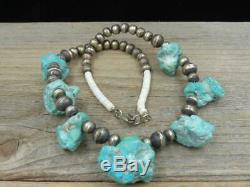 Vtg Old Sterling Navajo Pearl Bead Turquoise Nugget Heishi Necklace 17