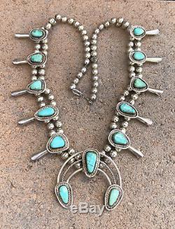 Vtg Pawn Navajo Sterling Silver Carico Lake Turquoise Squash Blossom Necklace