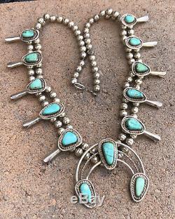 Vtg Pawn Navajo Sterling Silver Carico Lake Turquoise Squash Blossom Necklace