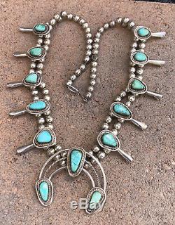 Vtg Pawn Navajo Sterling Silver Carico Lake Turquoise Squash Blossom Necklace