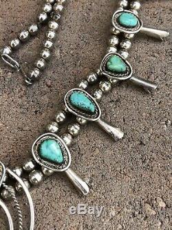 Vtg Pawn Navajo Sterling Silver Carico Lake Turquoise Squash Blossom Necklace