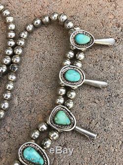 Vtg Pawn Navajo Sterling Silver Carico Lake Turquoise Squash Blossom Necklace