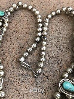 Vtg Pawn Navajo Sterling Silver Carico Lake Turquoise Squash Blossom Necklace