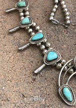 Vtg Pawn Navajo Sterling Silver Carico Lake Turquoise Squash Blossom Necklace