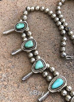 Vtg Pawn Navajo Sterling Silver Carico Lake Turquoise Squash Blossom Necklace