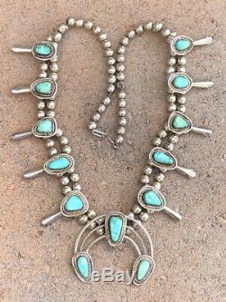 Vtg Pawn Navajo Sterling Silver Carico Lake Turquoise Squash Blossom Necklace