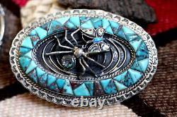 Vtg TURQUOISE COBBLESTONE INLAY belt buckle sterling SPIDER & BUTTERFLY Navajo