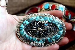 Vtg TURQUOISE COBBLESTONE INLAY belt buckle sterling SPIDER & BUTTERFLY Navajo