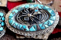 Vtg TURQUOISE COBBLESTONE INLAY belt buckle sterling SPIDER & BUTTERFLY Navajo