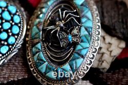 Vtg TURQUOISE COBBLESTONE INLAY belt buckle sterling SPIDER & BUTTERFLY Navajo