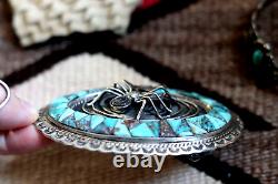 Vtg TURQUOISE COBBLESTONE INLAY belt buckle sterling SPIDER & BUTTERFLY Navajo