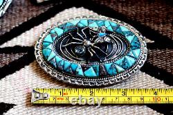 Vtg TURQUOISE COBBLESTONE INLAY belt buckle sterling SPIDER & BUTTERFLY Navajo