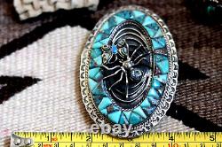 Vtg TURQUOISE COBBLESTONE INLAY belt buckle sterling SPIDER & BUTTERFLY Navajo