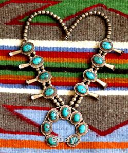 Vtg TURQUOISE SQUASH BLOSSOM NECKLACE sterling Navajo pearl BOBBY ETSITTY 23.5