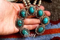 Vtg TURQUOISE SQUASH BLOSSOM NECKLACE sterling Navajo pearl BOBBY ETSITTY 23.5