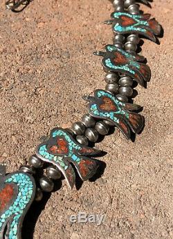 Vtg Turquoise Coral Thunderbird Peyote Sterling Silver Squash Blossom Necklace