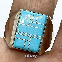 Vtg Zuni Inlay Sleeping Beauty Turquoise Men's Ring Sz11 Sterling Signed 12g