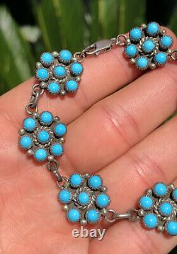 Vtg Zuni Petit Point Snake Eyes Cluster Turquoise Sterling Silver Link Bracelet