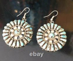 Vtg. Zuni Sterling Silver Turquoise Cluster Earrings Leander Nezzie Signed LN