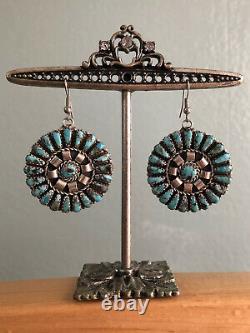 Vtg. Zuni Sterling Silver Turquoise Cluster Earrings Leander Nezzie Signed LN